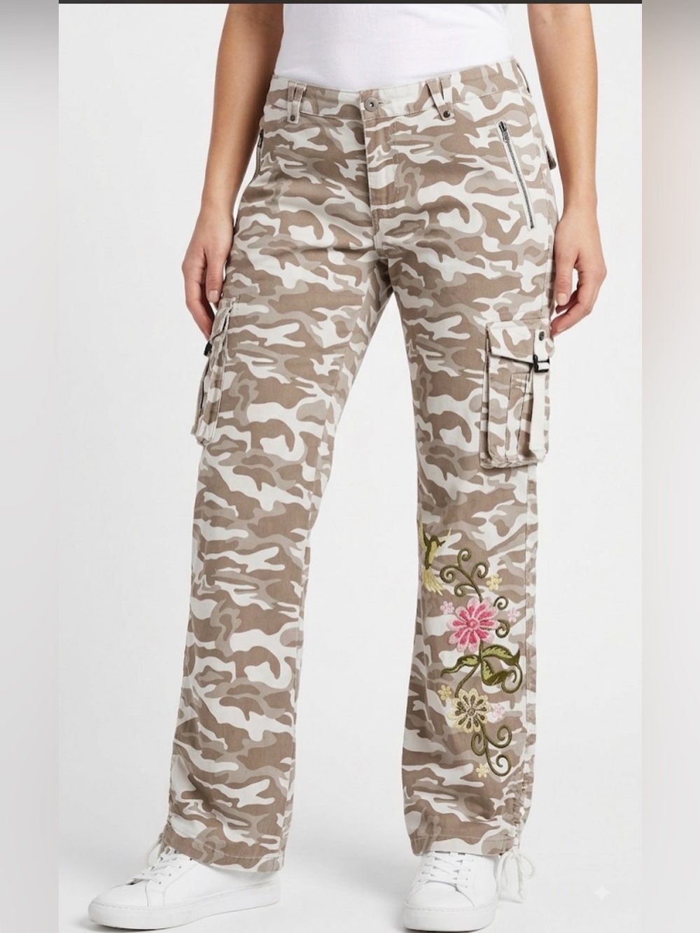 Monroe & Main Beige and White Camo Cargo Pants with Floral Embroidery